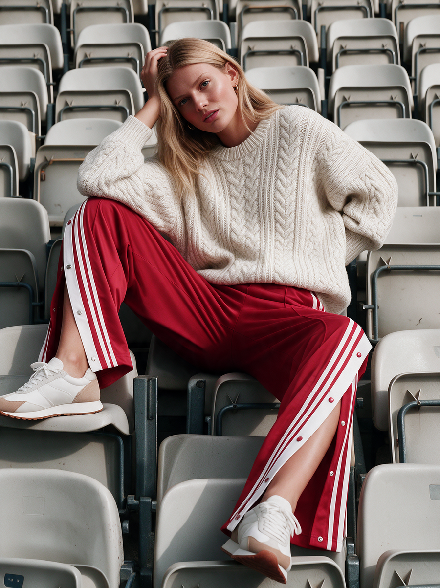 Cream Cable Knit Sweater & Red Side-Stripe Track Pants Set