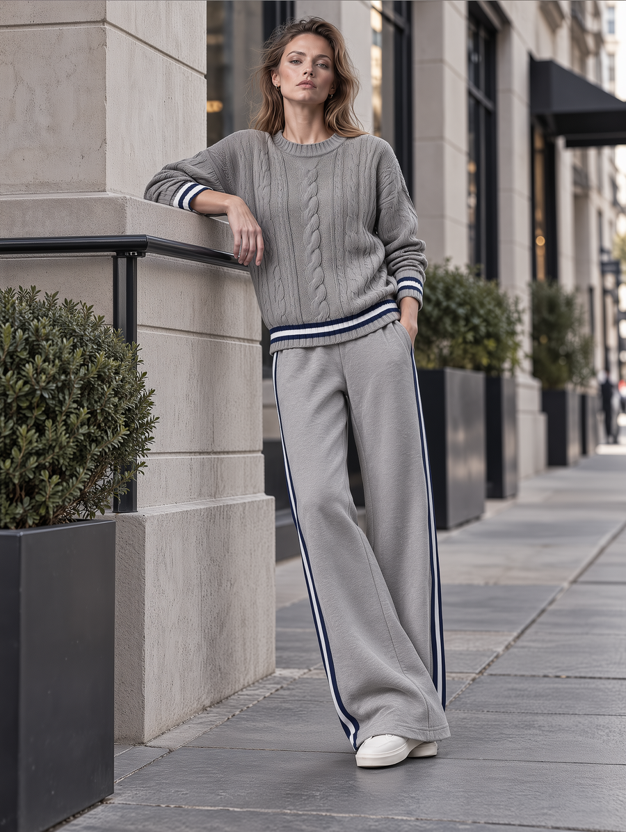 Grey Cable-Knit Crewneck Sweater Wide-Leg Pants Set