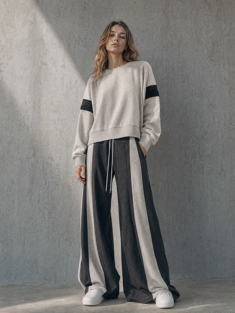Oatmeal Varsity-Stripe Sweatshirt & Color-Block Wide-Leg Pants Set