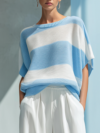 Women's Fashionable Casual Lightweight Blue And White Striped Batwing Sleeve Knitted Top