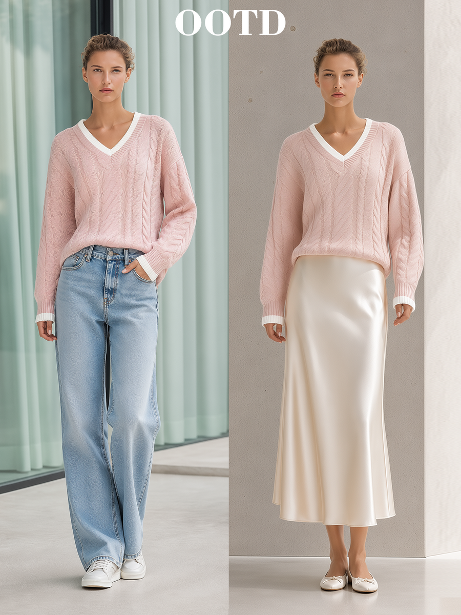 Pink V‑Neck Cable Knit Sweater & Side Stripe Wide‑Leg Pants Set