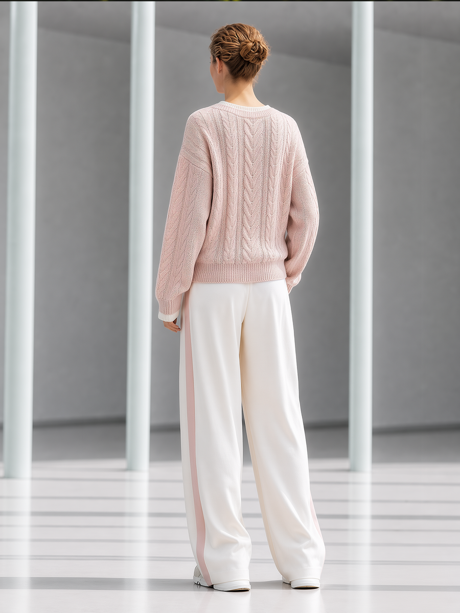 Pink V‑Neck Cable Knit Sweater & Side Stripe Wide‑Leg Pants Set