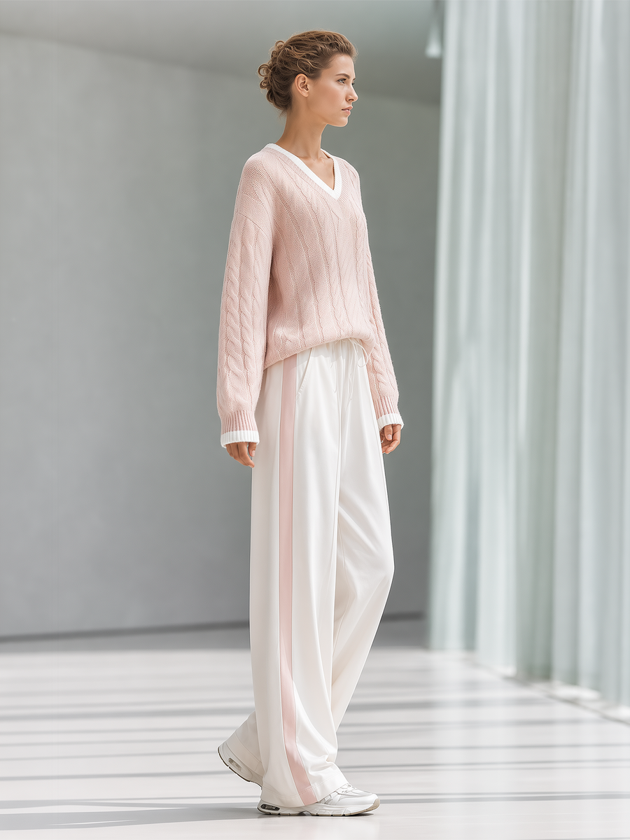 Pink V‑Neck Cable Knit Sweater & Side Stripe Wide‑Leg Pants Set