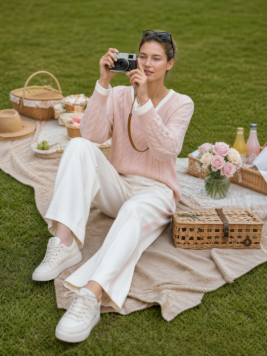 Pink V‑Neck Cable Knit Sweater & Side Stripe Wide‑Leg Pants Set