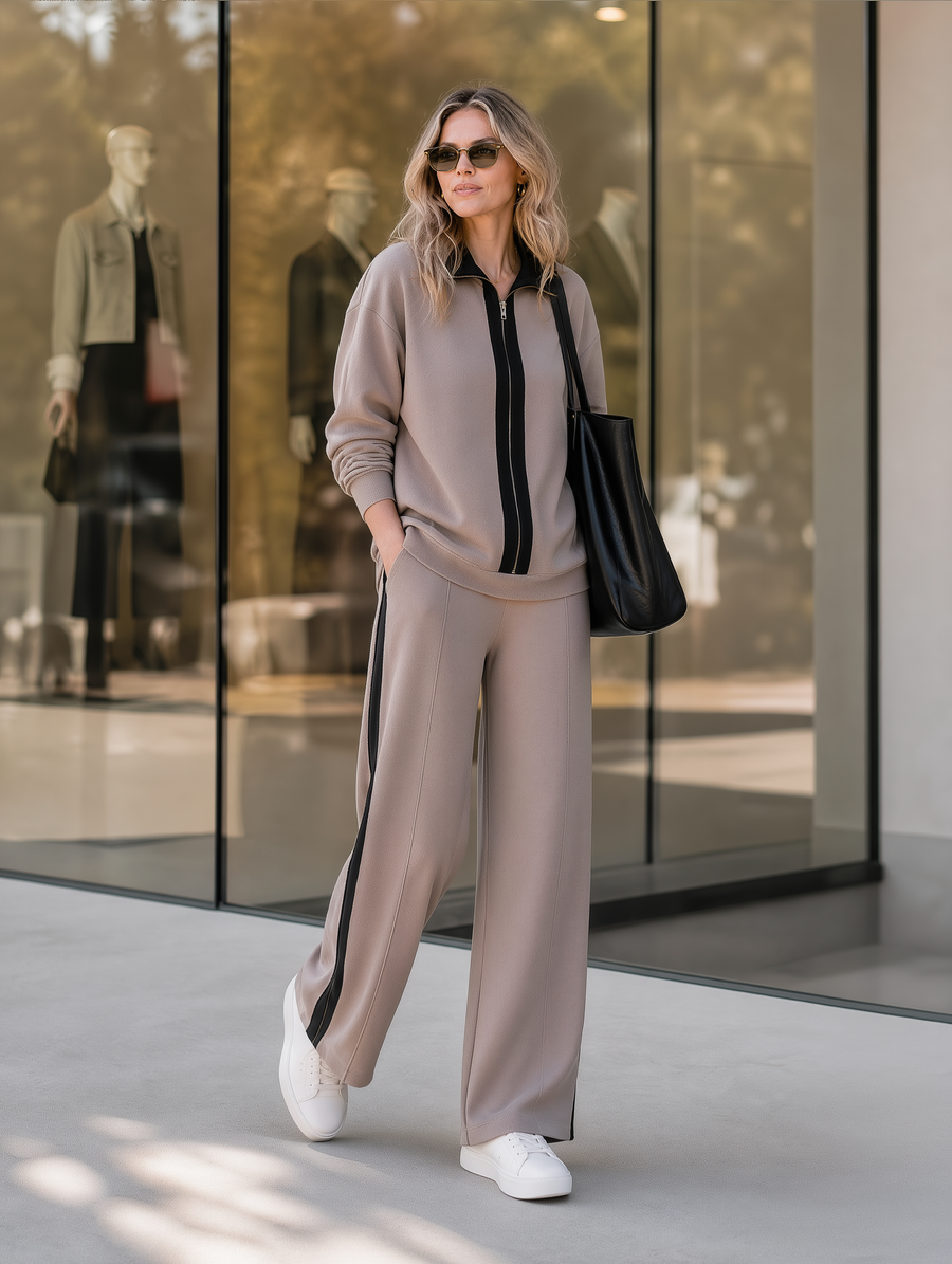 Taupe Black Trim Collared Half‑Zip Wide Leg Pants Two‑Piece Set