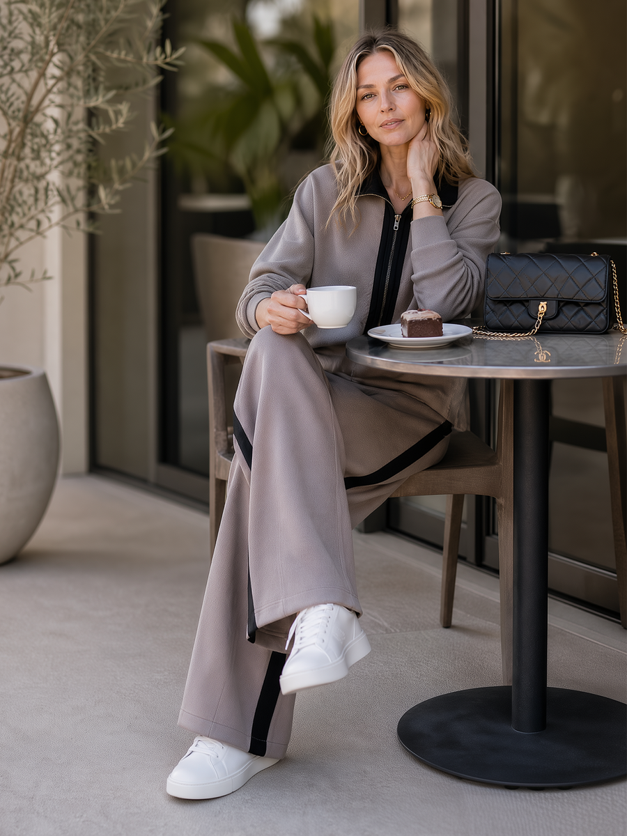 Taupe Black Trim Collared Half‑Zip Wide Leg Pants Two‑Piece Set