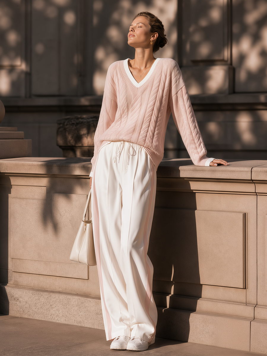 Pink V‑Neck Cable Knit Sweater & Side Stripe Wide‑Leg Pants Set