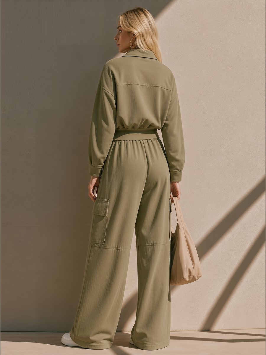 Olive Green Collared Cargo Jacket Multi-Pocket Wide Leg Cargo Pants Set