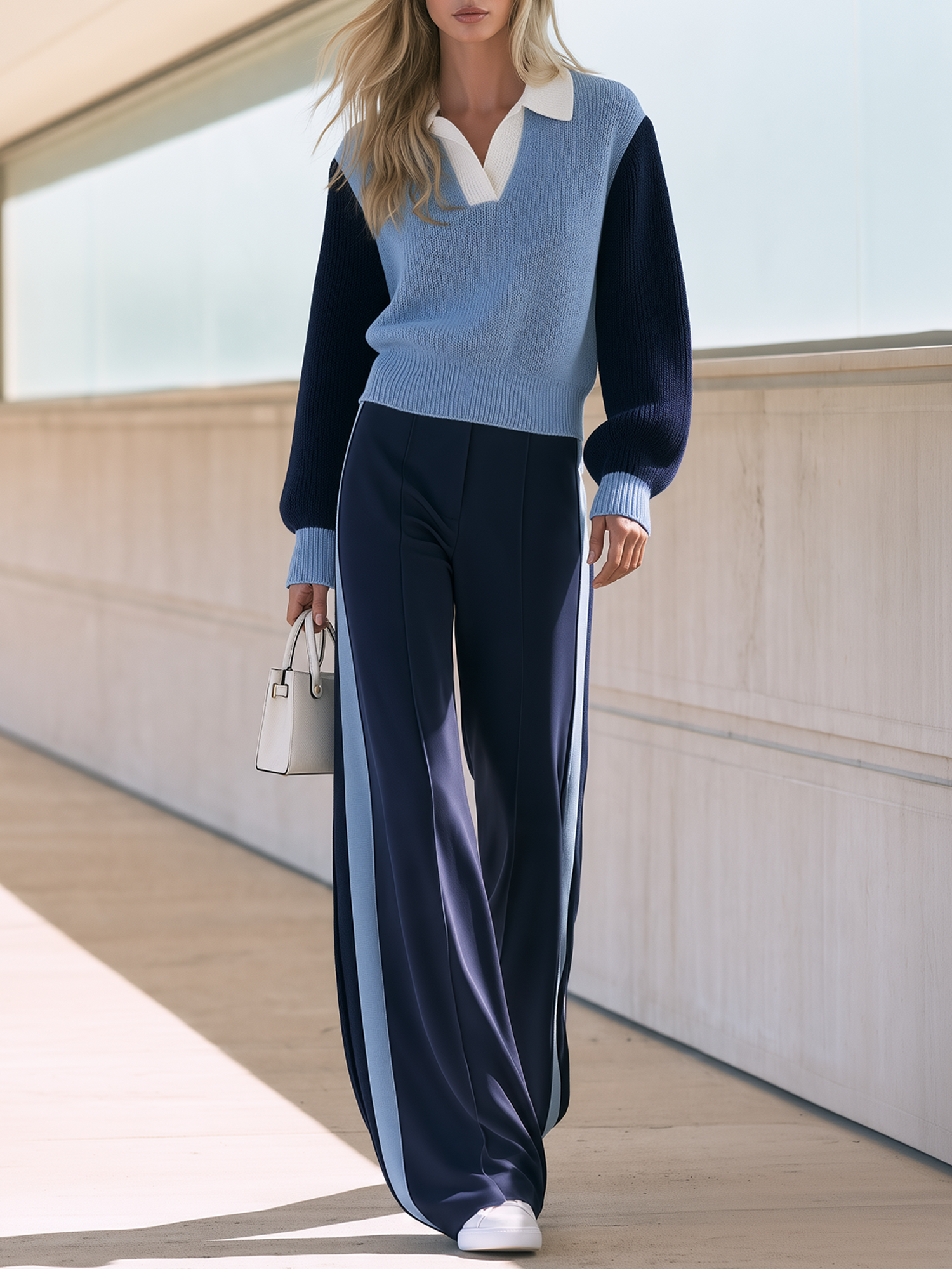 Blue-toned Knitted Polo Top And Wide-leg Trousers Set