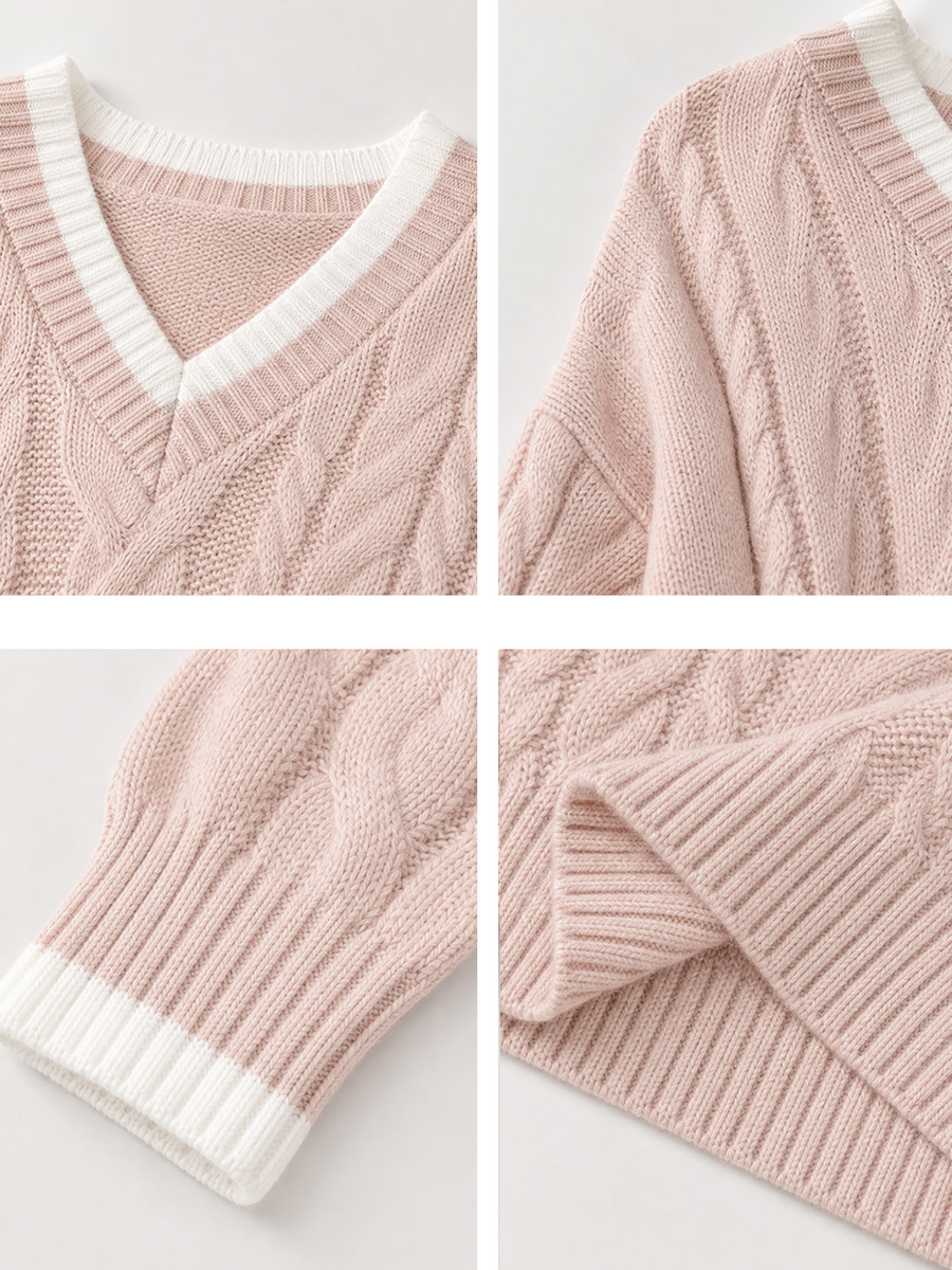 Pink V‑Neck Cable Knit Sweater & Side Stripe Wide‑Leg Pants Set