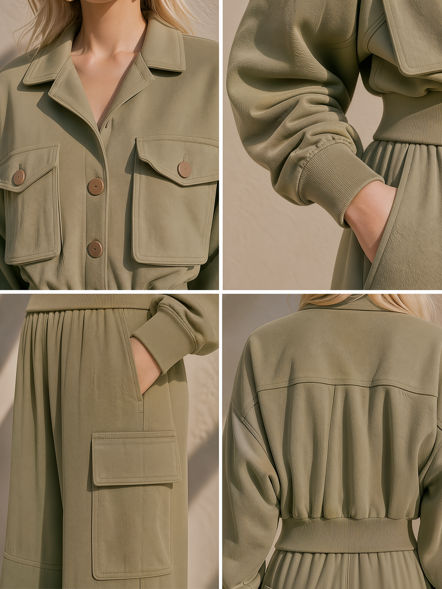 Olive Green Collared Cargo Jacket Multi-Pocket Wide Leg Cargo Pants Set