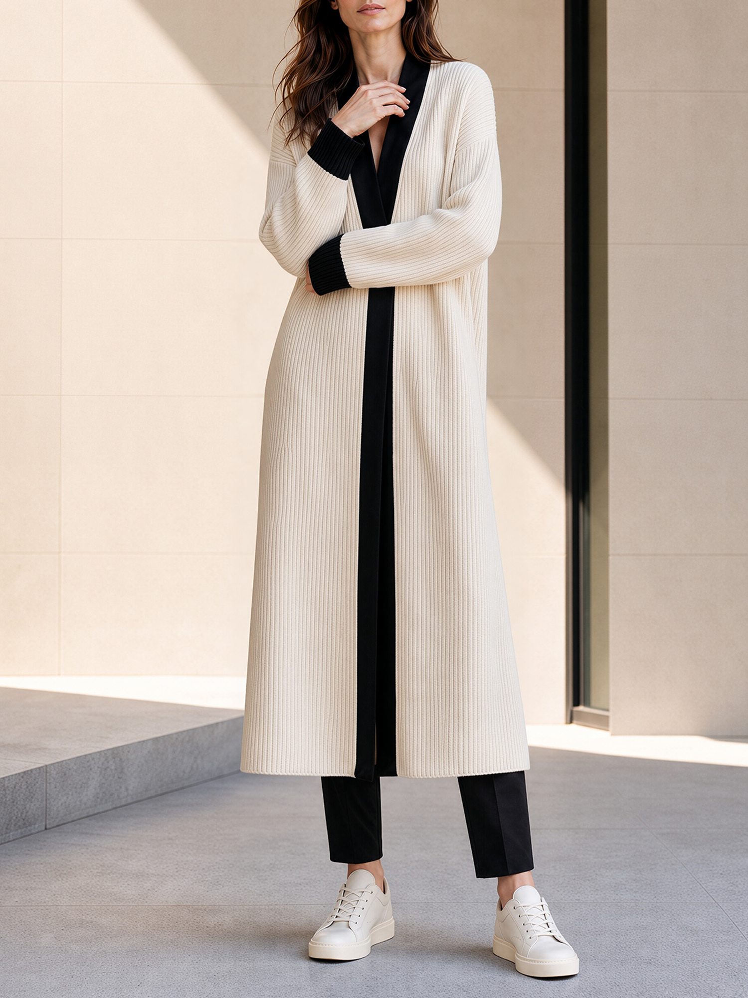 Stylish Long-line Knit Cardigan In Beige With Black Piping