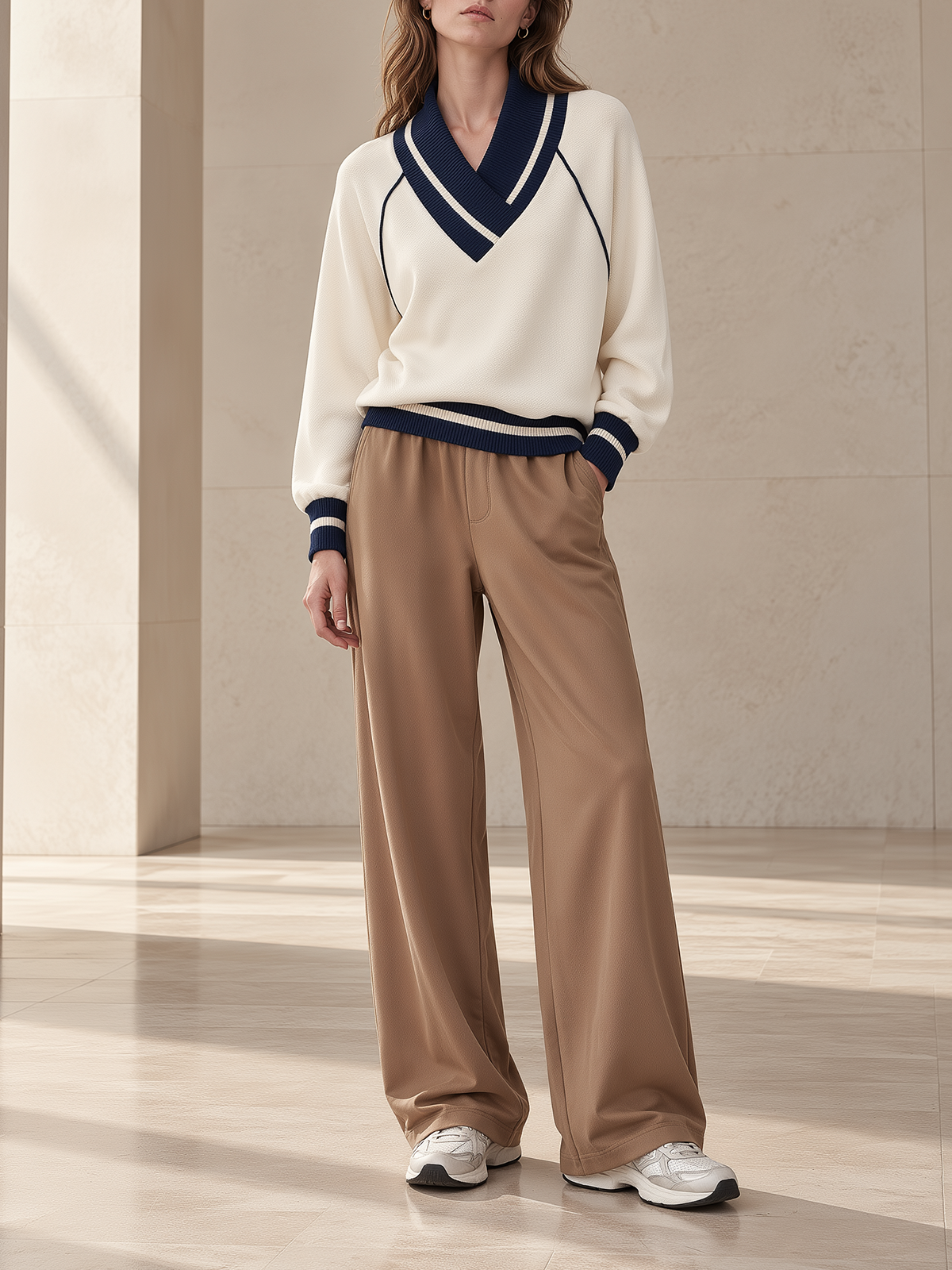 Cream V-neck Cricket Sweater & Camel Wide-leg Pants Set