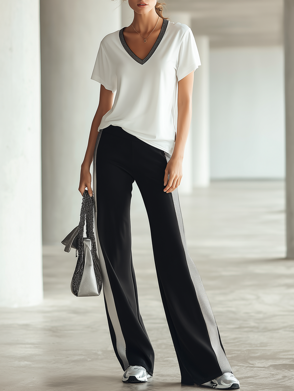 Women's White V-neck T-shirt And Black Wide-leg Pants With Silver Trim Set