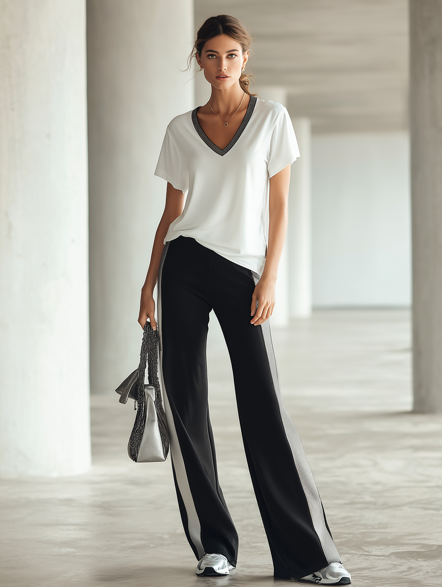 Women's White V-neck T-shirt And Black Wide-leg Pants With Silver Trim Set