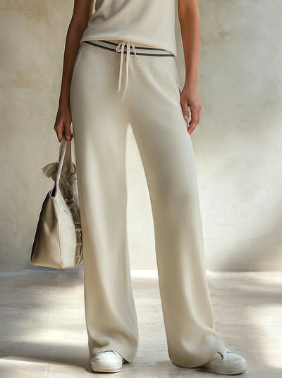 Women's Light Beige Ribbed Knit Slim-fit Casual Pants With A Flowing Drape