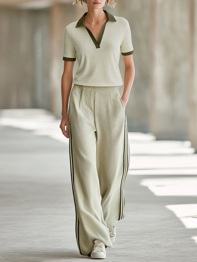 Light Olive Green Ribbed Knit Short-Sleeve Polo & Side-Stripe Wide-Leg Pants Set