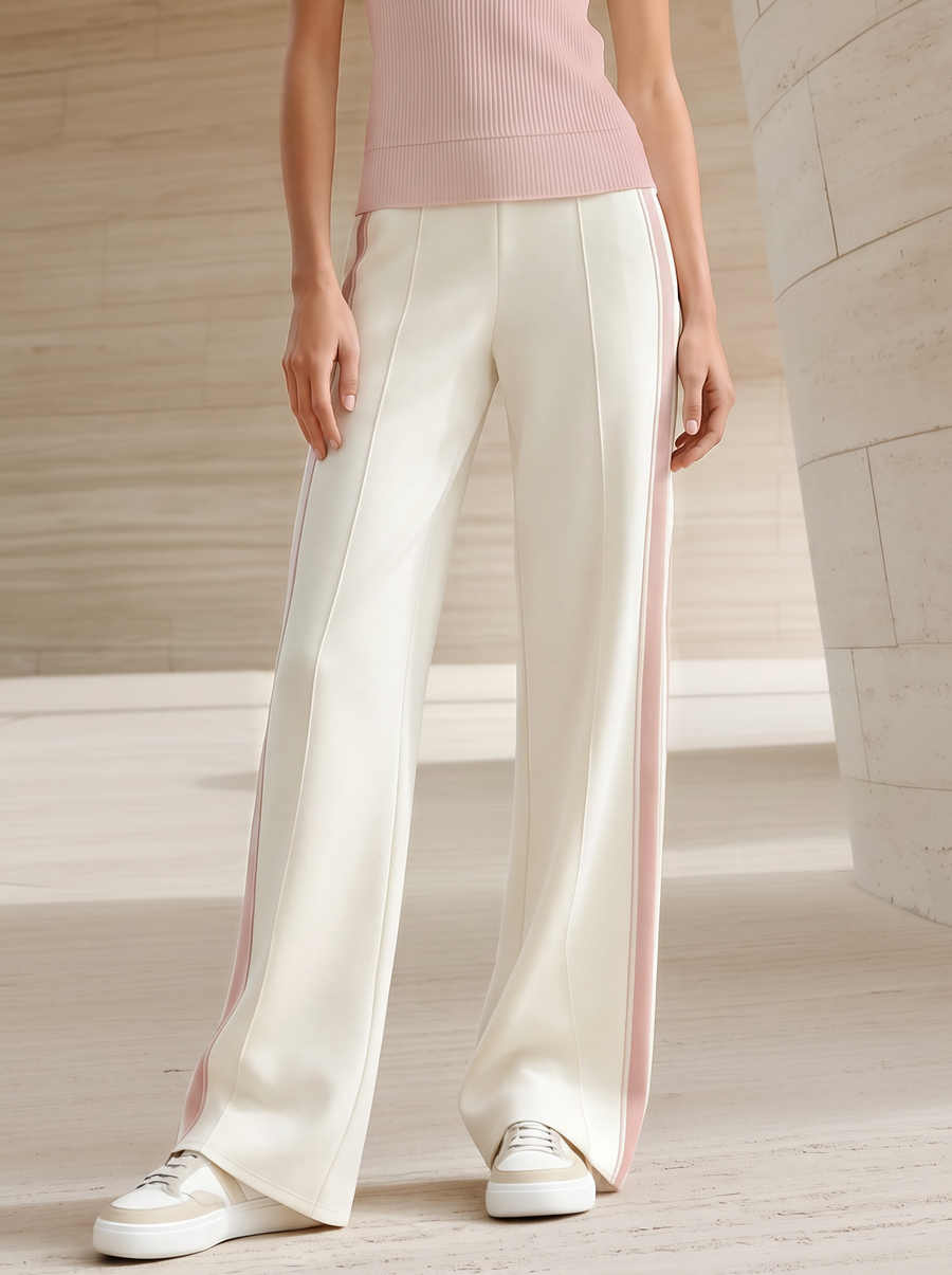 Color-Block Olive Green V-Neck Sleeveless Knit Vest & Side-Stripe Wide-Leg Pants Set