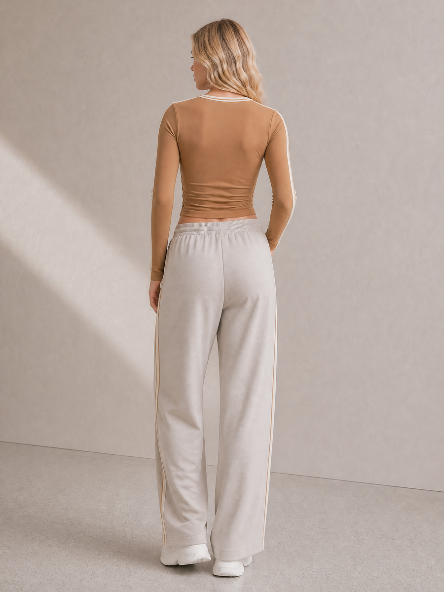 Camel-tone Color-block Striped Pleated Long-sleeve Top And Oatmeal Wide-leg Trousers Set