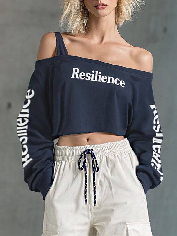 Women's Fashionable Casual Navy Blue Off-the-shoulder Short Sweatshirt With Letter Print