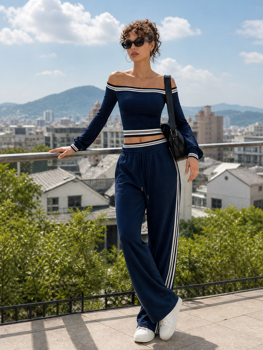 Women's Navy Blue Off-the-shoulder Fitted Top And Wide-leg Pants Casual Set