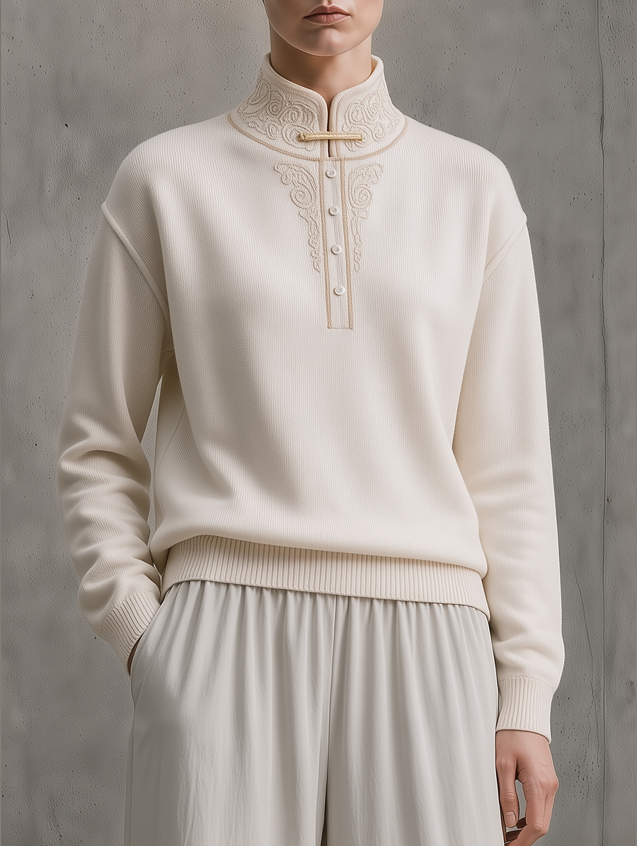 Ivory Embroidered Mock Neck Half-Button Knit Sweater