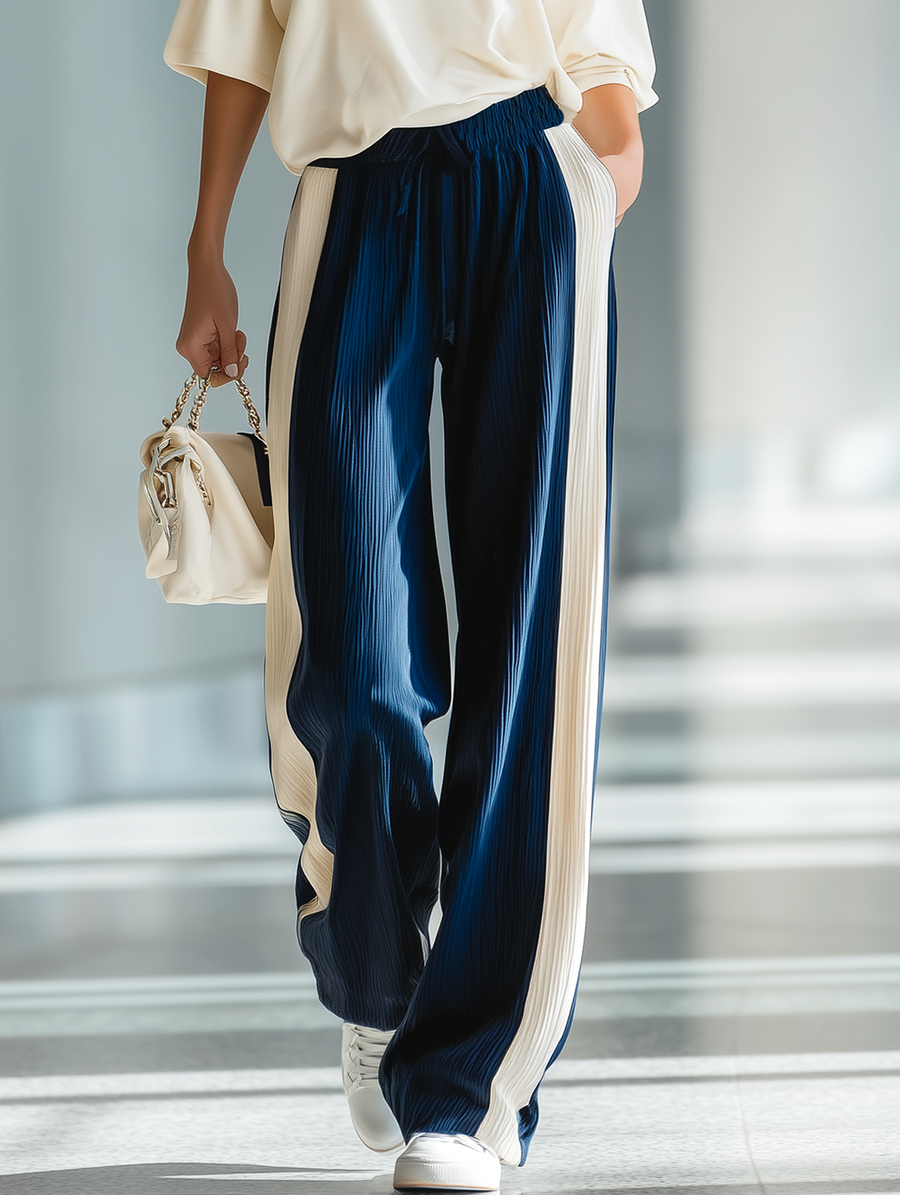 Women's Navy Blue Contrast-Color Drapey Ribbed Waistband Light Luxury Casual Pants