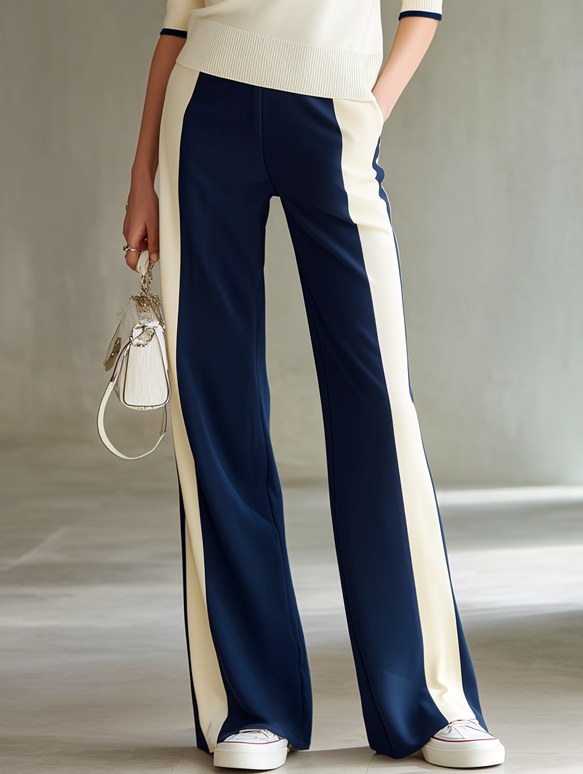 Women's American Retro Style Navy Blue Color-blocked Loose Casual Pants