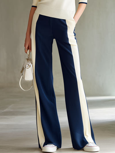 Women's American Retro Style Navy Blue Color-blocked Loose Casual Pants