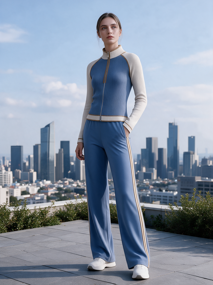 Blue Color Block Zip Knit Top & Side Stripe Track Pants Set