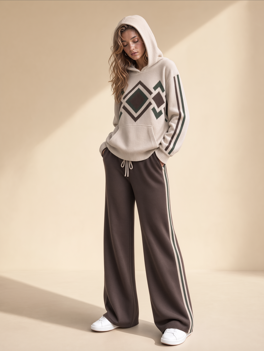 Oatmeal Aztec Knit Hoodie And Side-Stripe Wide-Leg Pants Set