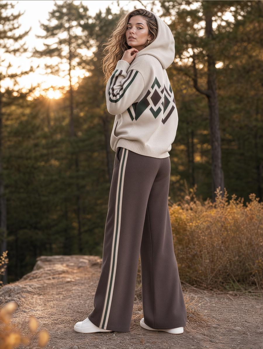 Oatmeal Aztec Knit Hoodie And Side-Stripe Wide-Leg Pants Set