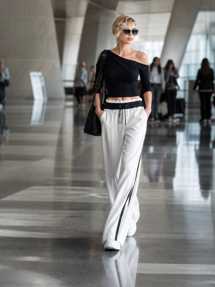 Women's Fashionable Casual Black Off-the-shoulder Top And Wide-leg Pants Set