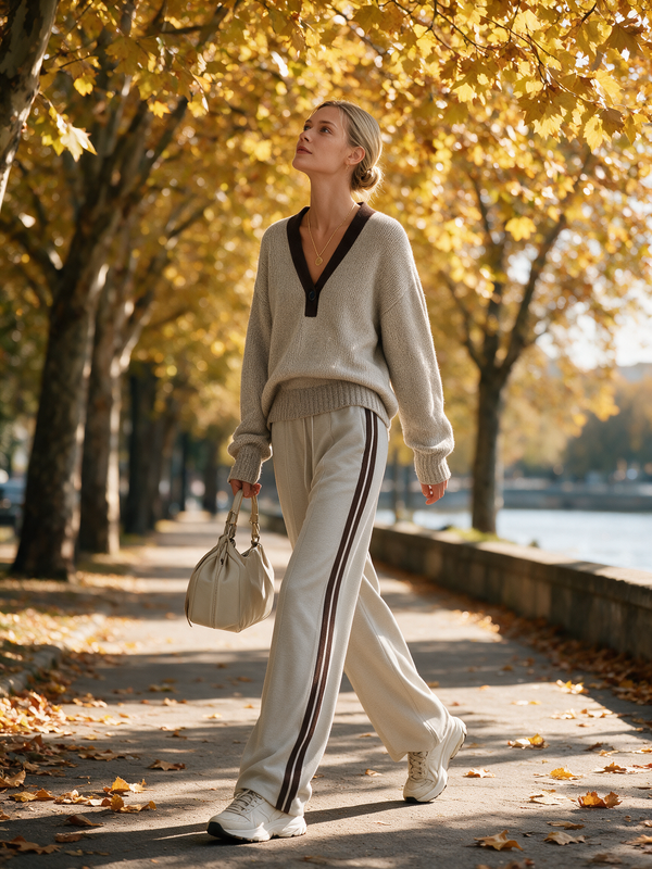 Olivria Women's Gray Block-Color V-Neck Knit Sweatshirt And Wide-Leg Pants Set
