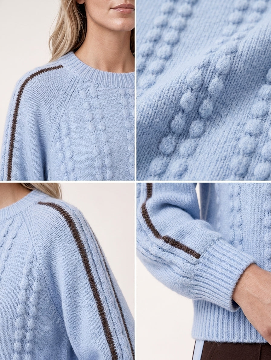 Light Blue Cable Knit Sweater & Brown Wide Leg Pants 2 Piece Set