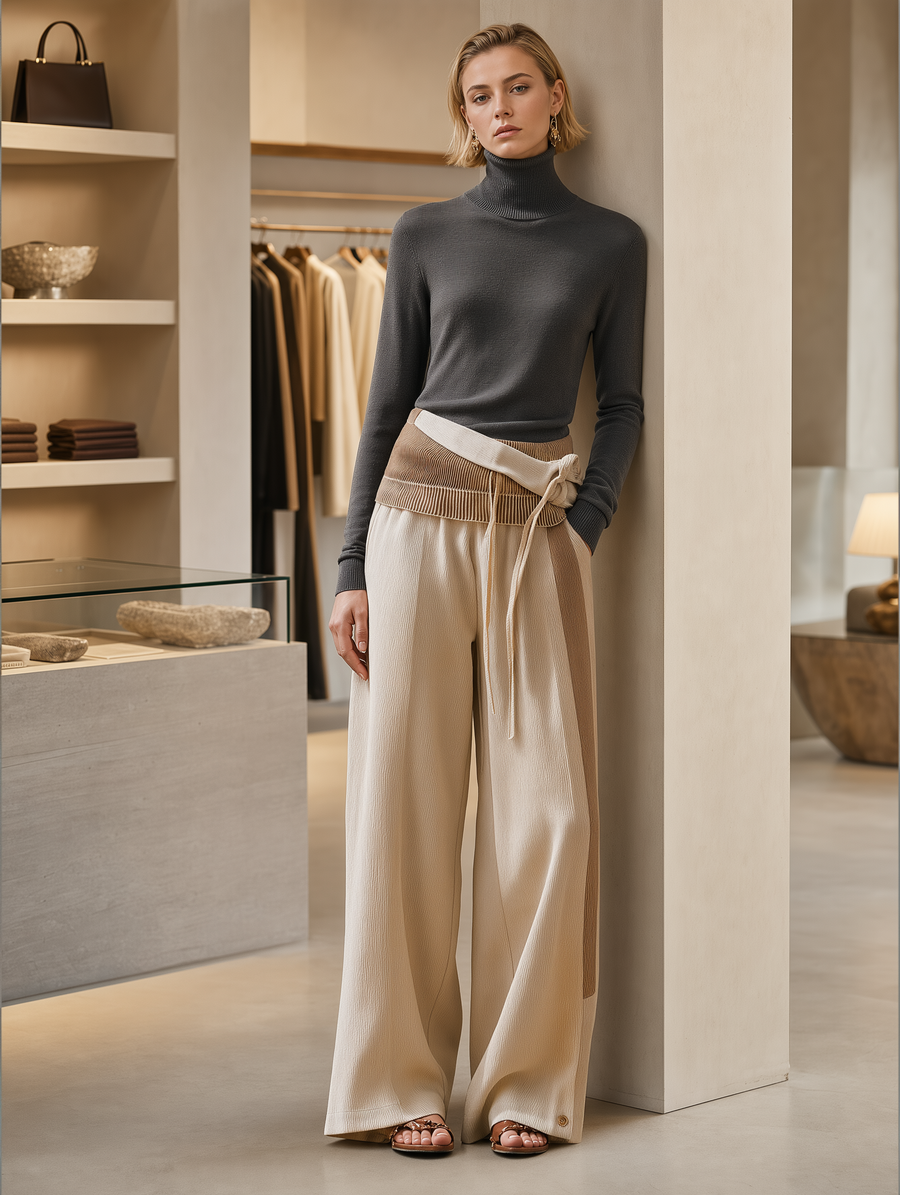 Charcoal Turtleneck & Cream Wrap-Tie Wide-Leg Pants Set