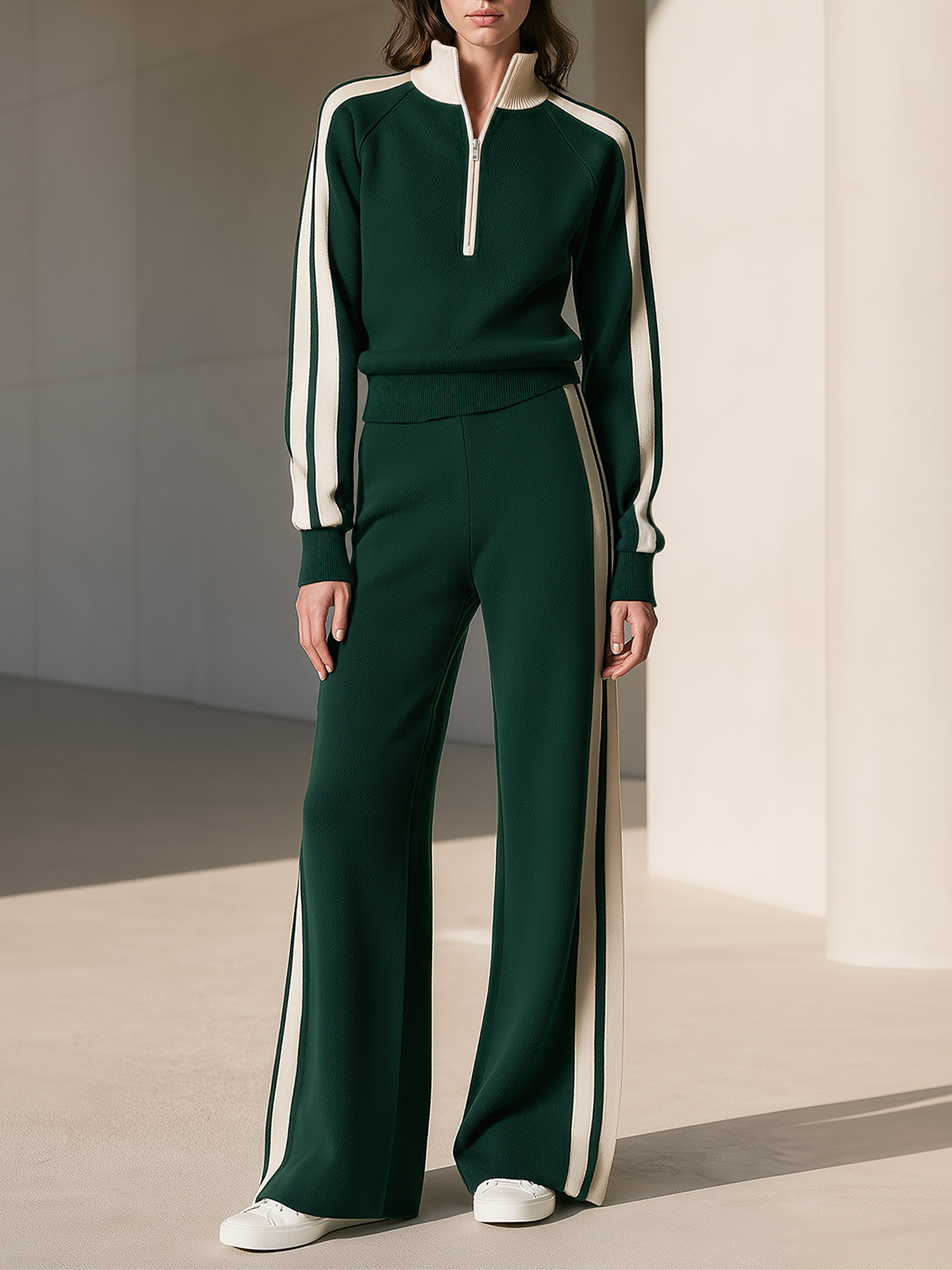 Dark Green Cream Half‑Zip Stand Collar Knit Wide Leg Pants Set