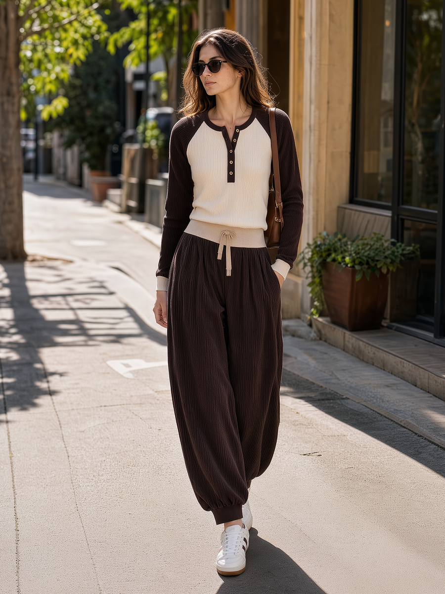 Brown & Cream Raglan Henley Knit Top & Dark Brown Textured Jogger Balloon Pants Set