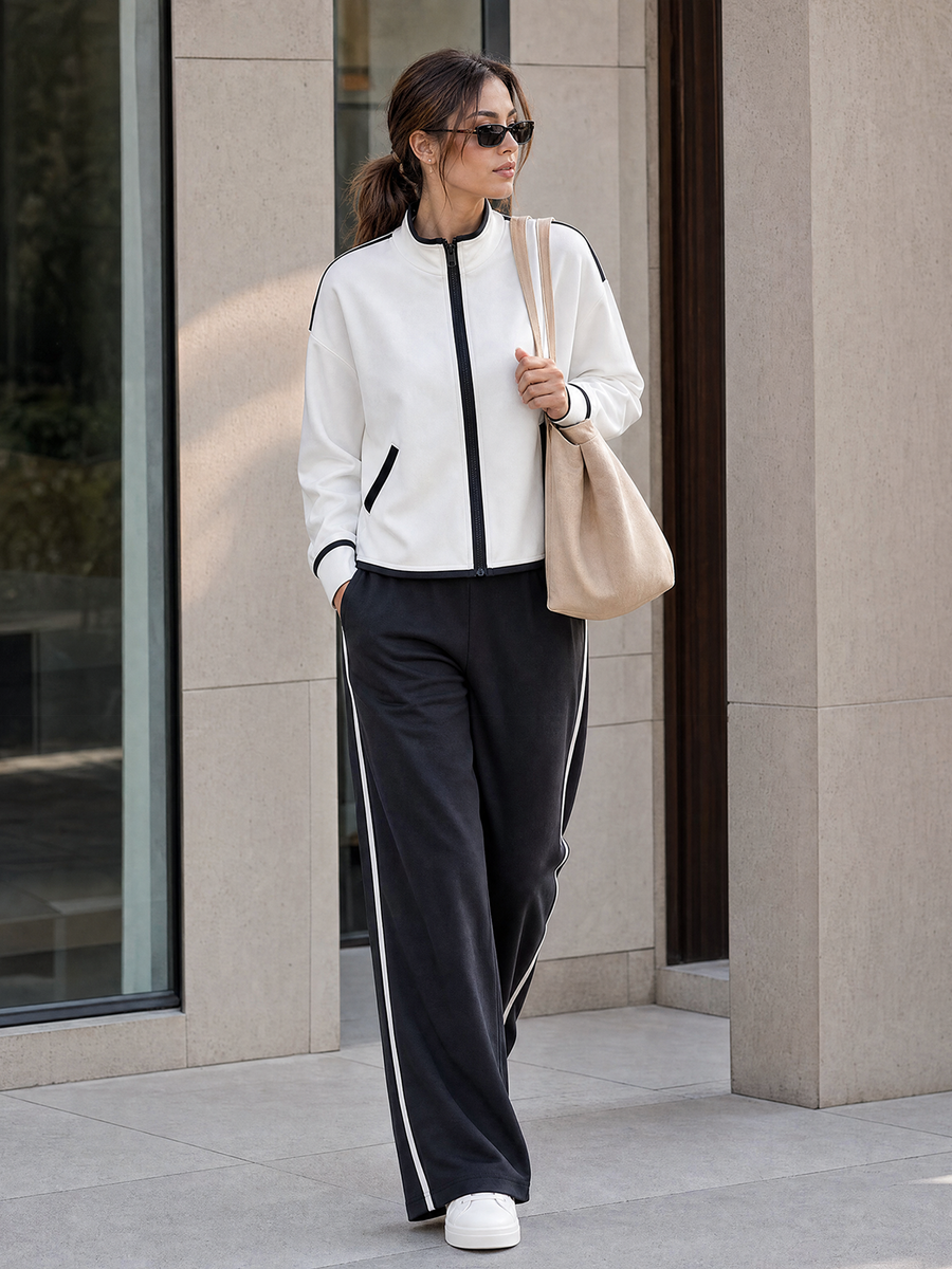 White‑Black Contrast Stand Collar Zip‑Up Tracksuit Set