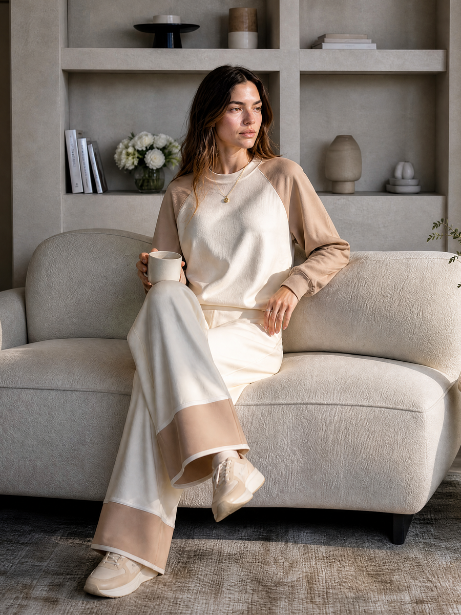 Beige And Camel Color-block Raglan-sleeve Top And Wide-leg Trousers Set