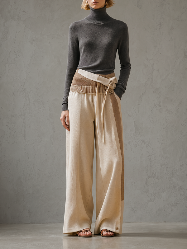Charcoal Turtleneck & Cream Wrap-Tie Wide-Leg Pants Set