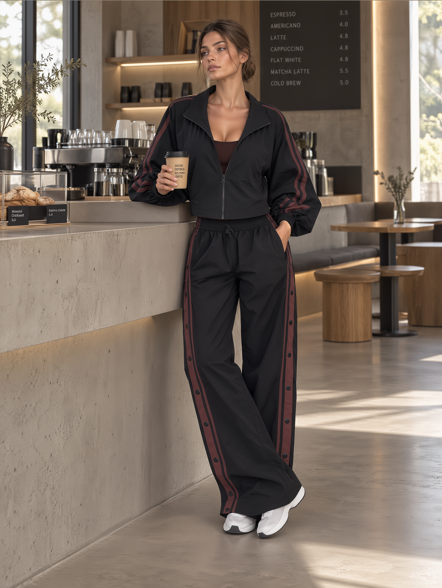 Black Contrast-Stripe Windbreaker And Snap-Side Wide-Leg Track Pants Set