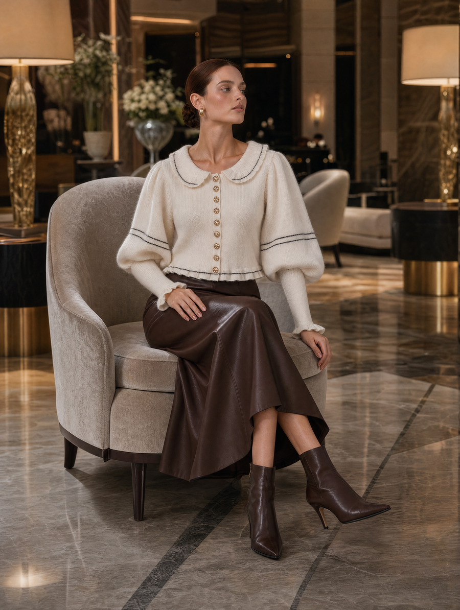 Cream Peter Pan Collar Cardigan & Chocolate Leather Midi Skirt Set