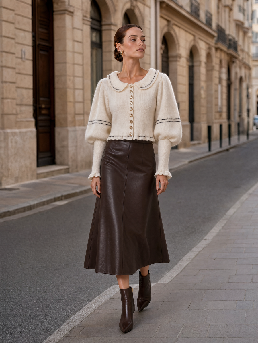 Cream Peter Pan Collar Cardigan & Chocolate Leather Midi Skirt Set