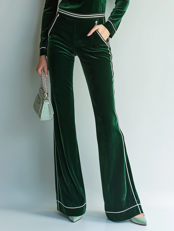 Women's Dark Green Color-blocked High-waisted Wide-leg Flared Trousers