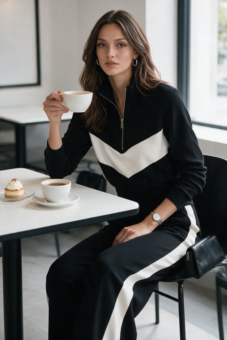 Black White Color Block Half‑Zip Cropped Wide Leg Flare Pants Set