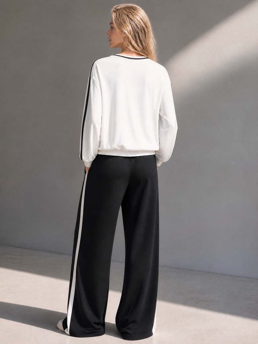 Black And White Color-Block V-Neck Embroidered Long-Sleeve Top And Wide-Leg Pants Set
