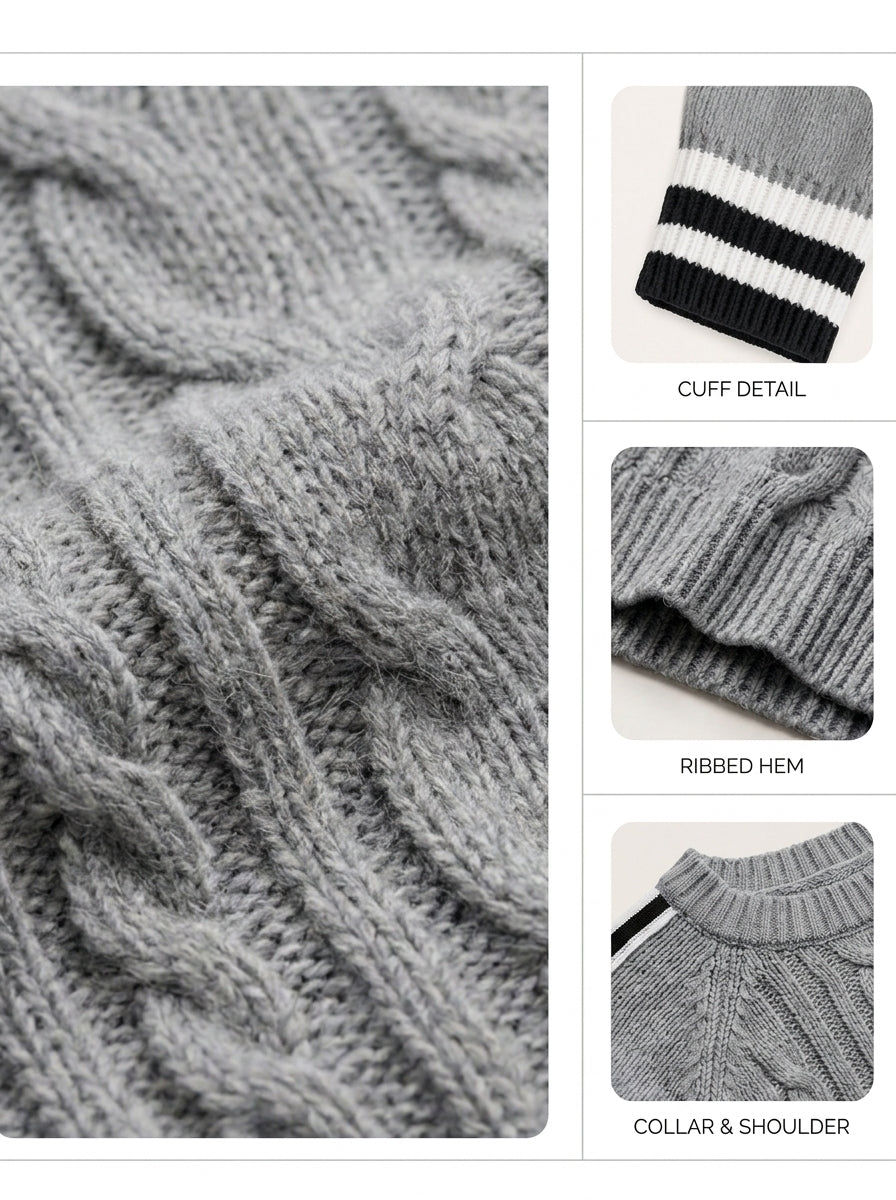 Grey Cable-knit Sweater And Striped Wide-leg Trousers Set