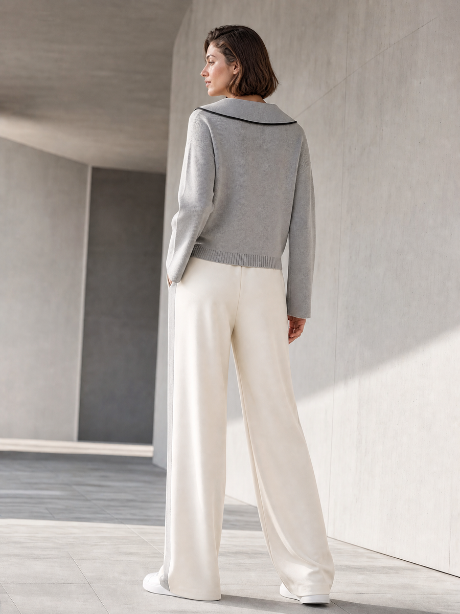 Light Gray And Navy V-neck Knit Top And Wide-leg Trousers Set