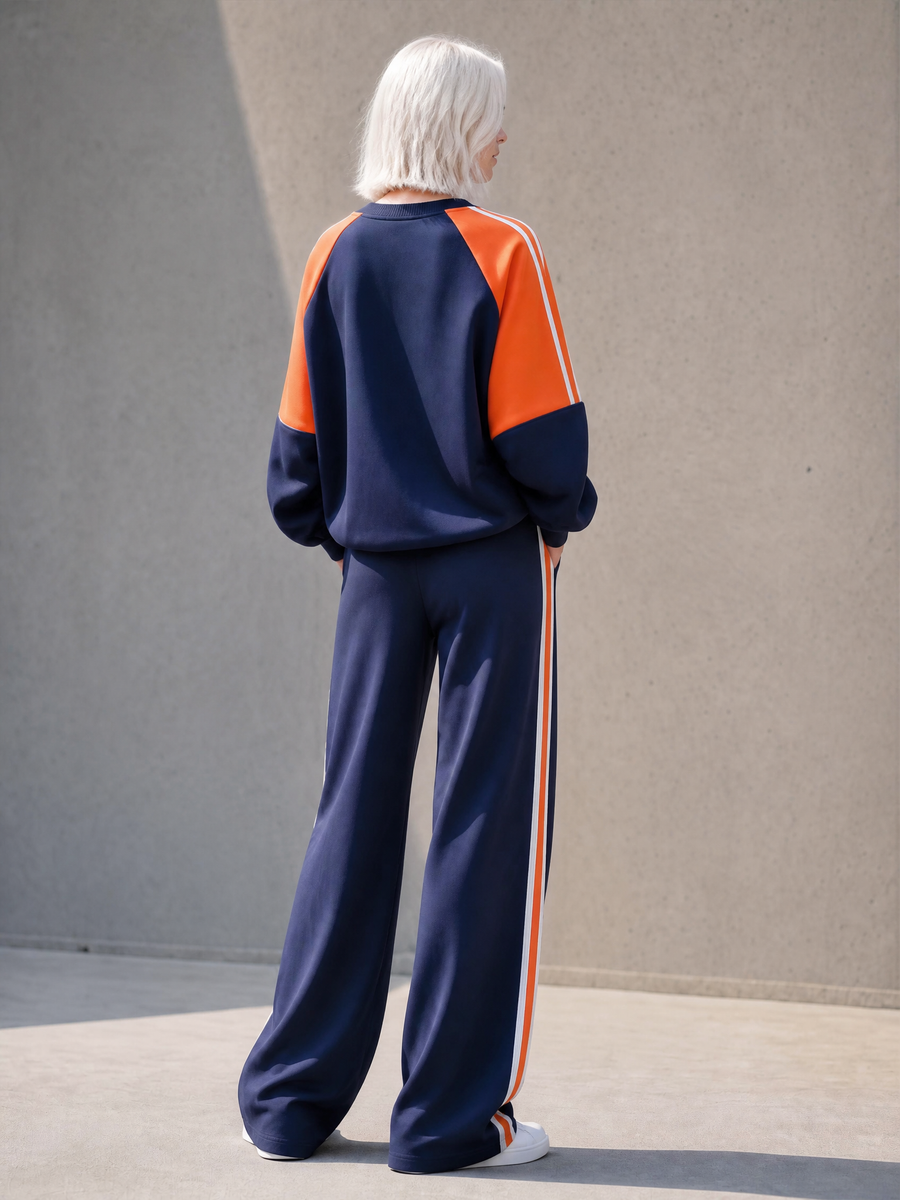 Athleisure-style Navy V-neck Color-block Long-sleeve Top And Wide-leg Pants Set